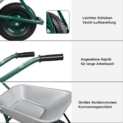 AIRAJ Carriola, portata 250 kg, capacità 100 l, ruote con cuscinetti a sfera e pneumatici in gomma, carriola da giardino, per casa, giardinaggio