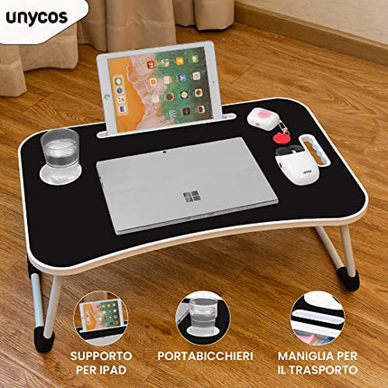 unycos - Scrivania Pieghevole Salvaspazio, Tavolo Pieghevole Multifunzione da Letto, Supporto PC Portatile, Vassoio da Letto Resistente, Facile da Riporre 60cm x 40cm x 26cm (Nessun Cassetto)