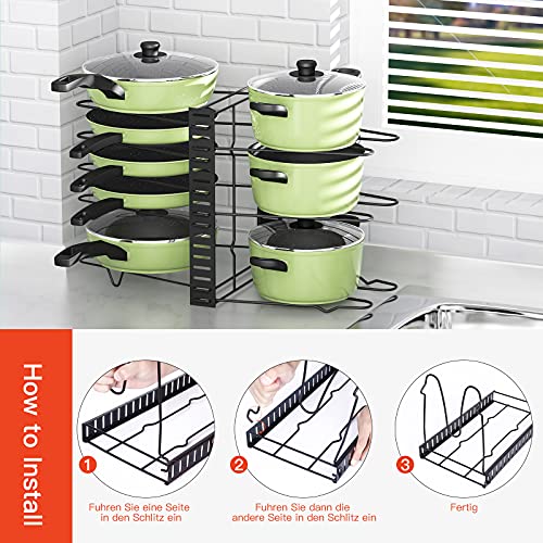 Liesun Contenitore pentola con 8 scomparti regolabili, contenitore coperchio casseruola, contenitore pentole nell'armadio, contenitore pentola, contenitore per pentole, contenitore per cucina piatto,