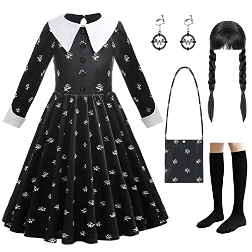 LZH Mercoledì Addams Vestito per Bambini Ragazze Addams Famiglia Cosplay Carnevale Uniforme Scuola Fancy Dress Up con Orecchino Parrucca e Borsa