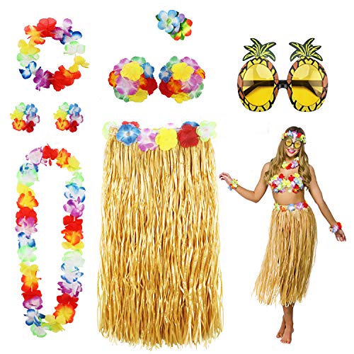 PHOGARY 8PCS Gonna Hula Kit di Accessori per Costumi per Hawaii Luau Party - Ballando Hula con Fiore Bikini Top, Lei Hawaiana, Molletta, Occhiali da Sole