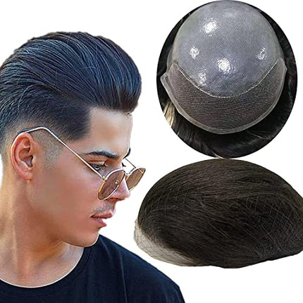 Parrucca Uomo PU Frontale con Pizzo Toupee Pezzi di Capelli Umani Europei per Uomini Protesi Capelli Uomo 8×10 Pollici Sottile Pelle 0,06 Centimetri Spessore Uomini Parrucca in Off Black