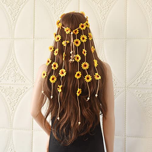 Accessori per Capelli di Girasole, Fascia per Capelli Hippie Ghirlanda Floreale Boho con perline Loop regolabile per ragazze donne bambini matrimonio viaggio partito Haarband mit gelben Gänseblümchen