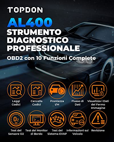 TOPDON AL400 OBD2 Diagnostico per Auto, 10 Modalità OBD2, Pulsante One Touch I/M Ready, OBD2 Scanner Auto Diagnostica Aggiornamenti a Vita, 2.4 Pollici Schermo a Colori TFT