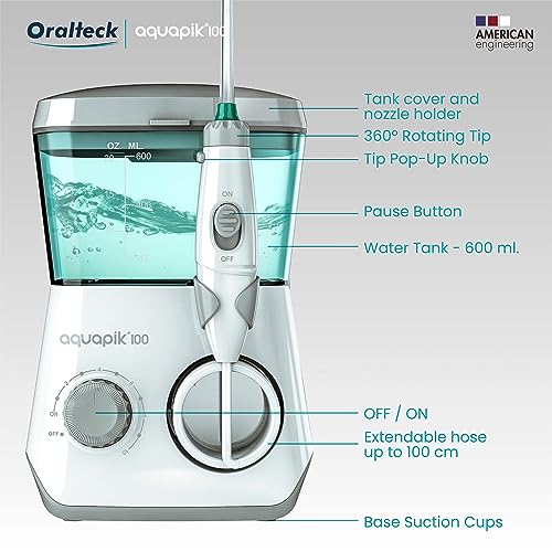 Aquapik 100, Irrigatore Dentale e Nasale Professionale. Include 8 ugelli multifunzione. 10 livelli di potenza. Capacità 600 ml. Consigliato dai dentisti. Family Water Flosser (Irrigatore)