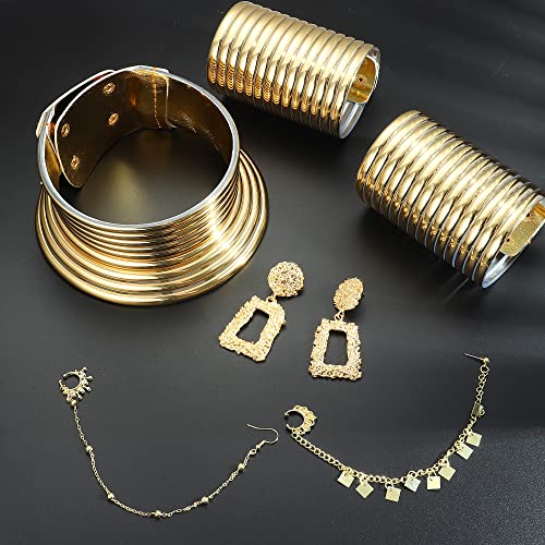 JeweBella 6PCS Collana Nazionale Africana Gioielli Donna Egitto Collane Oro Africano Chunky Dichiarazione Girocollo Regolabile Largo Bracciale Braccio Superiore Piercing Naso Orecchini Cerchio Set