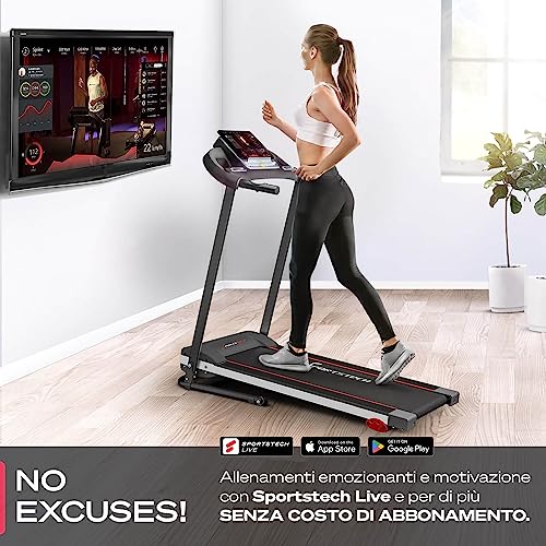 Sportstech - F10 Tapis Roulant Pieghevole, 1HP Tapis Roulant Professionale con 3 Livelli Di Inclinazione (Fino A 18°), A Bassa Rumorosità Tapirulan Pieghevole con Cinturino per Il Polso E Console LCD