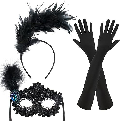 BETESSIN Kit Accessori Flapper Anni '20 Donna Travestimento 1920s Cerchietto Capelli Donna Piume Maschera Piume Guanti Lunghi Nero Accessori Flapper per Donna Gatsby Ballo Festa Carnevale Halloween