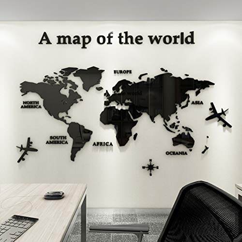 Adesivo da Parete Mappa - Del Mondo 3D Mappa Adesivi Murali Fai da te Arts Wall Sticker Decorativi per Soggiorno TV Par Camera da Letto Ufficio Stanze (Nero,M:120 * 60 cm)