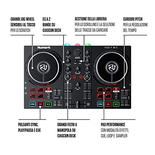 Numark Party Mix II - Console DJ a 2 Canali per Serato DJ Lite, con Scheda Audio Integrata, Presa Cuffie, Controlli Pad, Crossfader, Jog Wheel e Luci da Discoteca