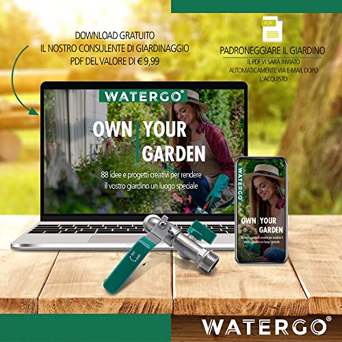 WATERGO Rubinetto 1/2 Pollici (Verde) – Doppio Rubinetto in Ottone per Giardino e Casa | Doppia Valvola a Sfera incl. Nastro Sigillante, Anelli di Tenuta, 2 Connettori per Tubo Flessibile e Ebook