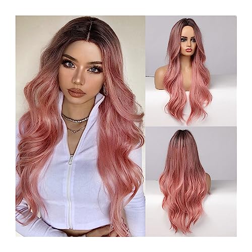 Parrucca da Donna Onda del corpo lunga Ombre Nero Rosa Parrucche Cosplay Parrucche sintetiche resistenti al calore Parte centrale Parrucche Lolita naturali for donna Parrucche wig