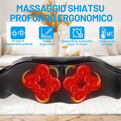 Massaggiatore Cervicale Riscaldato 45°C Massaggiatore Schiena 16 Palline Massaggio e 3 Velocità Regolabili Massaggio Shiatsu Elettrico Profondo con Cavo di Alimentazione 1.8 m Cavo di Auto 1.2 m