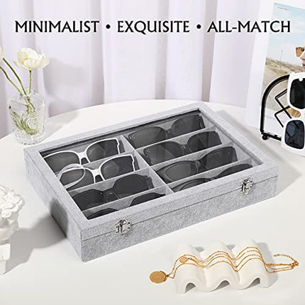 Emibele Scatola per Occhiali con Coperchio 8 Scomparti in Velluto, Espositore per Occhieli da Sole Contenitore Organizzatore Vassoio Portagioie con 8 Griglie e Divisori Interni Staccabili - Grigio