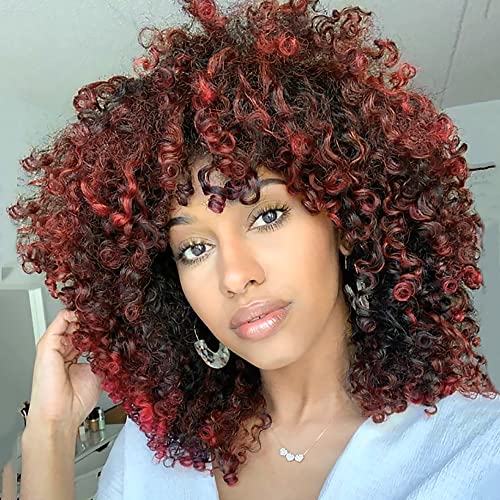 Colorfulpanda Parrucca Afro Riccia per Donne Nere Ombre Arancia Kinky Curly Bob Parrucca crespi capelli sintetici naturali di media lunghezza per costume o uso quotidiano,Colore Misto Rame Rosso