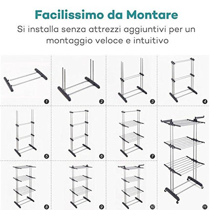 BAKAJI Stendino Stendibiancheria a Torre in Acciaio e ABS di Grande Capacità Modulabile Pieghevole Salvaspazio Richiudibile Stendino Biancheria Antiurto (Blu e bianco)
