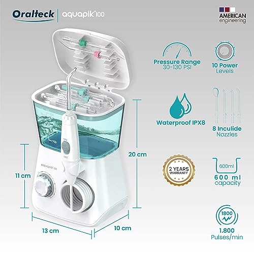 Aquapik 100, Irrigatore Dentale e Nasale Professionale. Include 8 ugelli multifunzione. 10 livelli di potenza. Capacità 600 ml. Consigliato dai dentisti. Family Water Flosser (Irrigatore)