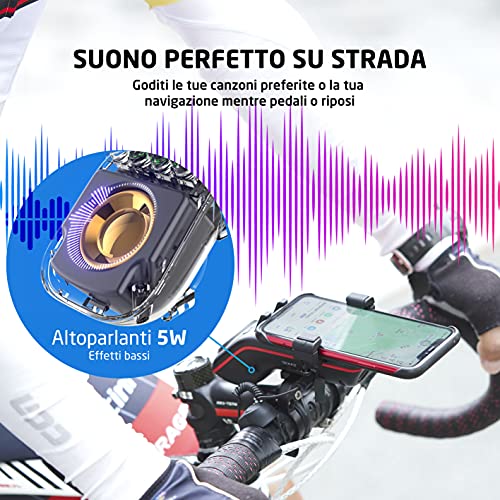 UPPEL Altoparlante Bluetooth per Bicicletta Casse Bluetooth V5.1 5000mAh Accumulatore di energia Luci/Campanello della bici Card SD/TF Funzione 10 in 1 per utilizzo all'aria aperta Sport Campeggio