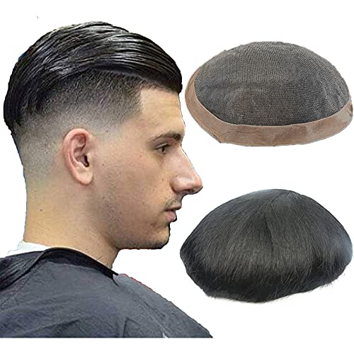 N.L.W. Parrucca Uomo PU e Pizzo Toupee Europeo Pezzi Per I Pacini Umani, protesi capelli uomo Piaccelli 9×7 Pollici Skin Sottile 0.06 cm Spessore Uomini Parrucca in Nero Naturale