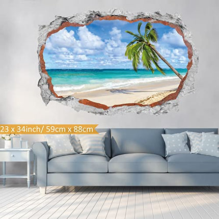 HPNIUB Spiaggia di Palme Adesivo da parete,90x60cm Adesivi da parete Effetto 3d,Adesivi Murali Rotto per Soggiorno,3D Palma Parete Muro,Paesaggio Decalcomanie per Camera da Letto Cameretta Decor