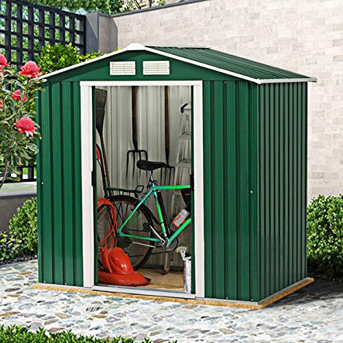 COSTWAY Casetta da Giardino in Acciaio 2,7㎡, con Base, Porte Scorrevoli, Maniglie, Sfoghi e Tettoia, Capanno da Esterno per Giardino, Fattoria e Cortile, 213 x 127 x 185 cm (Verde Scuro)