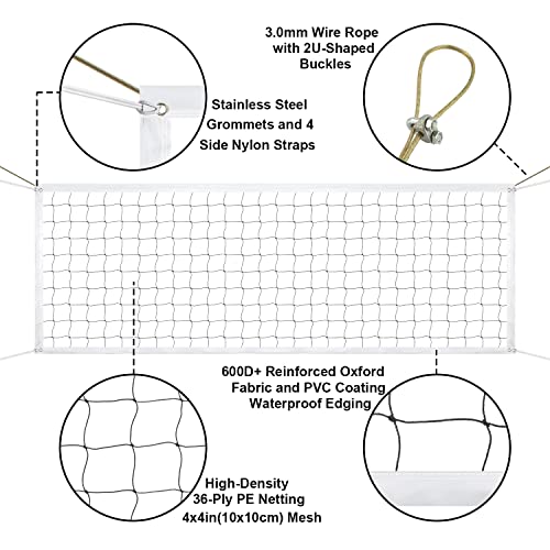 Rete da pallavolo professionale, rete da pallavolo all'aperto resistente, rete da pallavolo da cortile 9,5 x 1 m con fune metallica per aerei, rete da pallavolo portatile per piscina spiaggia giardino