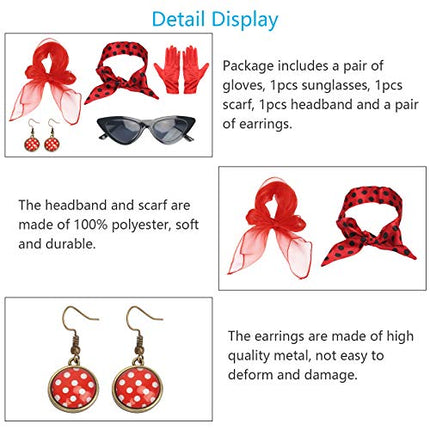 LOPOTIN 5pcs Accessori Costumi Anni '50 Occhiali da Sole Rotondi Accessori per Costumi Stile Vintage Fascia per Capelli Anni '50 Orecchini Pois Sciarpa Rossa per Festa Compleanno Carnevale e Laurea.