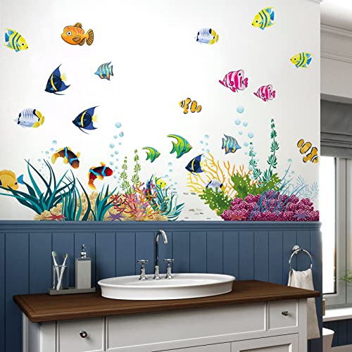 WandSticker4U®- adesivi murali bagno MONDO SOTT´ACQUA (130x42 cm) I impermeabile piastrelle murales adesivi parete pesci mare piante acquario marino I Decorazione per cameretta bambini ragazzi/e