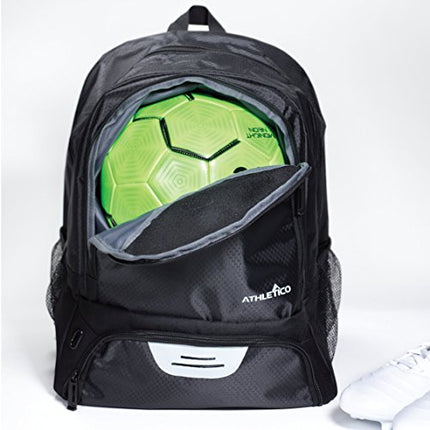 Athletico - Zaino da calcio per ragazzi – Zaini e borse per pallacanestro, pallavolo e calcio, per bambini, ragazzi e ragazze, include tacchetti separati e scomparto per palloni, Nero