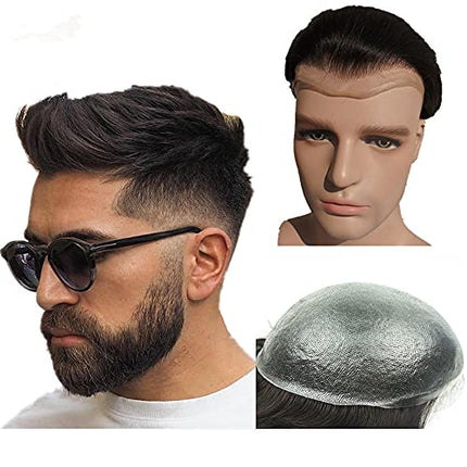 Parrucca Uomo PU Toupet Pezzi di Capelli Umani Europei per Gli Uomini Sostituzione dei Capelli Sistema 8×10 Pollici Parrucche 0.06 Centimetri di Spessore Uomini Parrucca in Nero Getto
