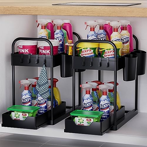 Organizer Sottolavello Cucina 2 Livelli, Organizzatore Sotto il Lavandino con 2 Maniglie, Scorrevole Scaffale Portaoggetti con 4 Ganci e 2 Tazza Appesa, Estraibile Cassetti per Bagno (Nero-2Pezzi)