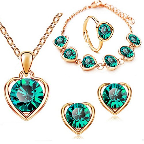 Prosy Cuore-A Forma di Cristallo Collana Oro Argento Orecchini Bracciale Anello Set Moda Amore Cuore Pendente Choker Collane Gioielli per le Donne e Ragazze (Verde)