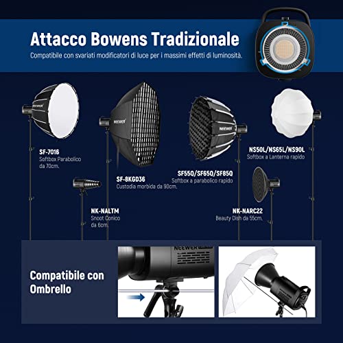 NEEWER CB60 RGB 70W Luce Video LED con Controllo 2,4G/APP Illuminazione Video Continua COB Colore Pieno Attacco Bowens 18000Lux@1m CCT 2700-6500K CRI97+ 17 Effetti per Studio Registrazione Fotografia