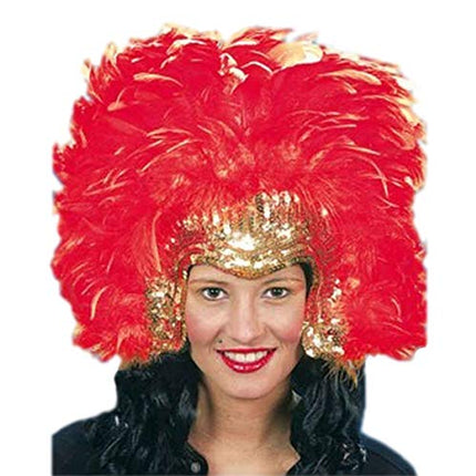 Copricapo Samba Paillettes Oro con Piume Rosse