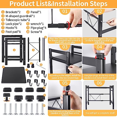 DICLLY Mensola Microonde Estensibile 2 Livelli,Scaffale Cucina Regolabile in Acciaio Carbonio (36,5-60,5cm),Organizer Salvaspazio con 4 Ganci,Carico fino a 25kg,Adatto per Forno a Microonde (Nero)