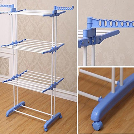 BAKAJI Stendino Stendibiancheria a Torre in Acciaio e ABS di Grande Capacità Modulabile Pieghevole Salvaspazio Richiudibile Stendino Biancheria Antiurto (Blu e bianco)
