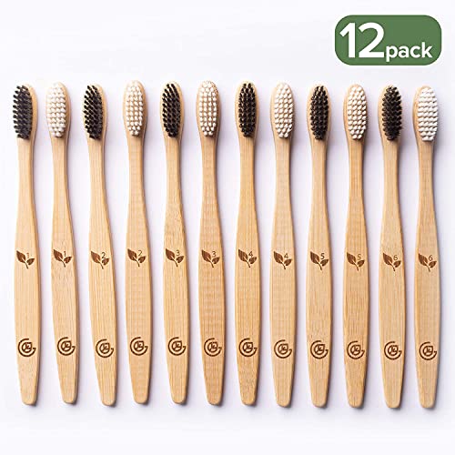 Greenzla Spazzolini Bamboo (Set da 12) | Spazzolini da denti a setole morbide senza BPA | Set di spazzolini da denti in bambù naturale ecologico | Spazzolini da denti biodegradabili e compostabili