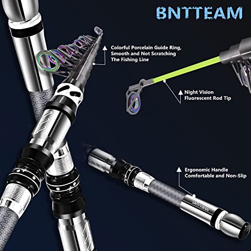 BNTTEAM Set Combinato Canna da Spinning e Mulinello da Pesca Portatile Punta per Canna Fluorescente in Fibra di Carbonio, Esche da Pesca Kit Borsa da Trasporto Per Mare e Acqua Dolce Viaggio