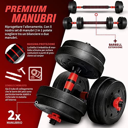 RE:SPORT Set di manubri 2 in 1 15kg | regolabili | corti e lunghi | Chiusure a stella e tubo di collegamento