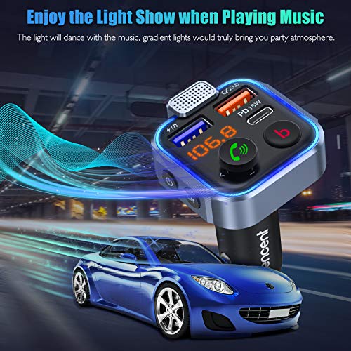 LENCENT Trasmettitore FM Bluetooth Auto, Adattatore Radio Auto con Bassi Profondi & Hi-Fi Lossless, Ricarica Rapida PD 20W+QC3.0, Chiamata Vivavoce, Lettore Musicale, Chiavetta USB, Luce Blu Sfumata