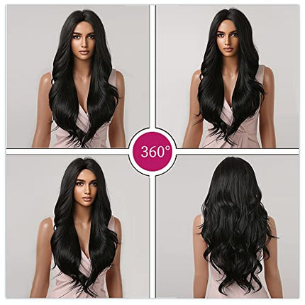 Esmee Parrucche Lunghe Ondulate Nere per le Donne Natuaral Capelli Sintetici Resistenti al Calore Parrucca per Uso Quotidiano Cosplay Party