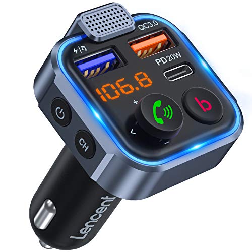 LENCENT Trasmettitore FM Bluetooth Auto, Adattatore Radio Auto con Bassi Profondi & Hi-Fi Lossless, Ricarica Rapida PD 20W+QC3.0, Chiamata Vivavoce, Lettore Musicale, Chiavetta USB, Luce Blu Sfumata