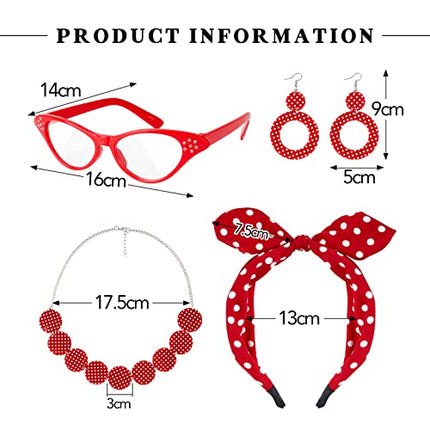 BETESSIN Travestimento Anni 50 Donna 4pz Accessori Costume Vintage Anni 50 Cerchietti per Capelli Collana Occhiali Orecchini a Pois Travestimento ‘50 per Carnevale Festa di Travestimento Rosso