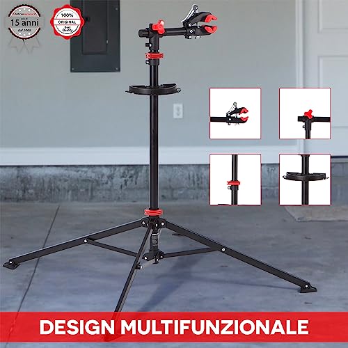 Ultrasport Cavalletto Biciclette, per mountain bike e tutti tipi biciclette a 30 kg, incl. portautensili scomparto magnetico, girevole 360°, sgancio rapido adatto alla vernice, Nero/Rosso