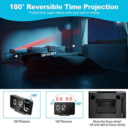 Anykuu Sveglia Proiettore Sveglia Digitale con Proiettore 6.7 Pollici a 180° di Rotazione Orologio Proiettore Radio FM con Adattatore 2 Sveglie e 15 Volumi Facile da Usare