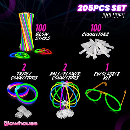 The Glowhouse - Braccialetti Luminosi Starlight di qualità premium 100 Luminose Fluorescenti Colori Misti - Set da 206 pezzi con connettori, per Halloween, Feste e Carnevale per Bambini e Adulti