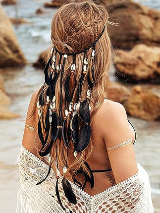 Fashband Fascia per capelli con piume indiane, stile bohémien, hippie, copricapo tribale nero con perline, accessorio per capelli per donne e ragazze