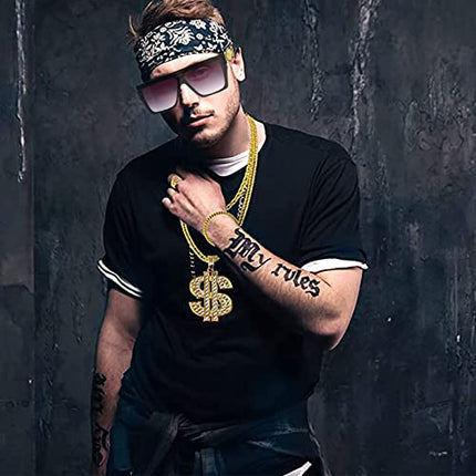 DONGZQAN Accessori Rapper Anni '80 '90, Kit di Costumi Hip Hop Set, Adatto per Uomini e Donne, Comprese Collane, Anelli Capi di Abbigliamento Anni '80/'90