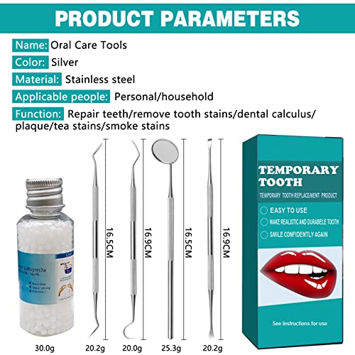 Kit di Restauro Dentale Temporaneo, Colla per Denti Adesivi per Restauri Otturazioni Dentali Provvisori, Set di 4 Strumenti per la Pulizia del Tartaro