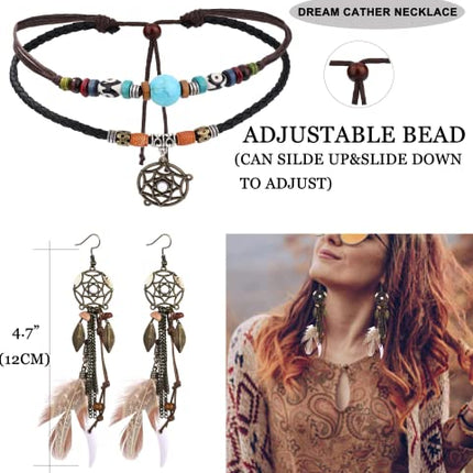 LOLIAS 4 Pezzi Copricapo Boho Indiano Set Collana Pelle Orecchini Piume Per Donna Braccialetto Fatto Mano Vintage Hippie Tribale Festa Tema Carnevale Gioielli
